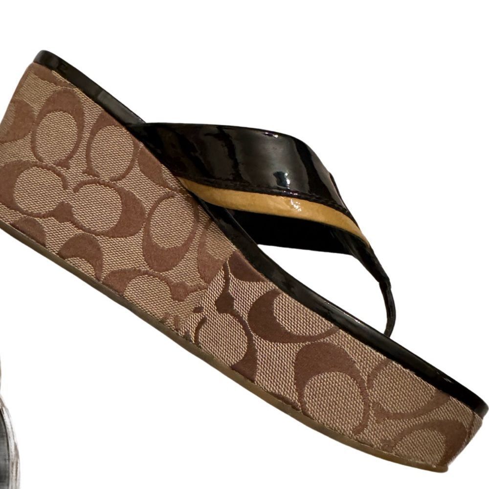 Coach Brown Signature Canvas Wedge Sandals with Black Patent Straps